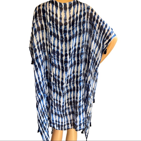 Blue & White Tie Dye Pom Pom Open Caftan Swim Cover Up - Picture 3 of 7